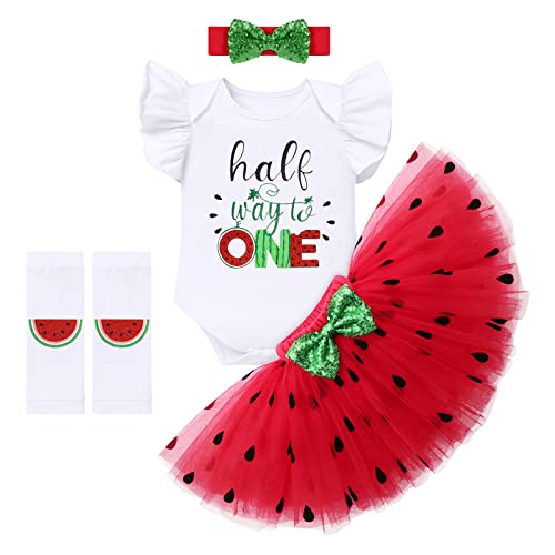 Baby Mädchen Wassermelone 1/2. Halber Geburtstag Party Outfit Baumwolle Kurzarm Body Strampler Prinzessin Tüll Tütü Rock Pailletten Stirnband Beinwärmer Set Fotoshooting Kostüm Rot - Half Way To One von FYMNSI