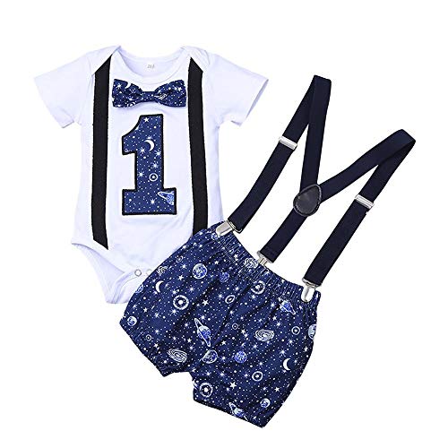 Baby Säugling Jungen 1. Erster Geburtstag Cake Smash Outfit Gentleman Universum Muster Baumwolle Kurzarm Body Strampler Hosenträger Kurzes Hose Shorts 3tlg Bakleidungsset Dunkelblau 12-18 Monate von FYMNSI