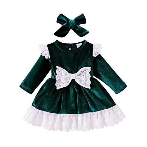 Baby Samtkleid Kleinkinder M?dchen Vintage Velvet Kleid A-Linie Prinzessin Abendkleid Weihnachtskleid Weihnachten Partykleid Festlich Festkleid mit Stirnband Set Hochzeit Herbst Winter Gr?n 9-12M von FYMNSI