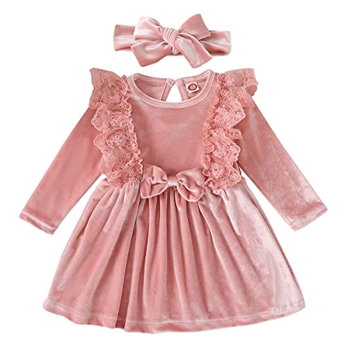 Baby Samtkleid Kleinkinder Mädchen Vintage Spitze A-Linie Prinzessin Abendkleid Weihnachtskleid Weihnachten Partykleid Festlich Festkleid mit Stirnband Set Hochzeit Herbst Winter Rosa 18-24 Monate von FYMNSI