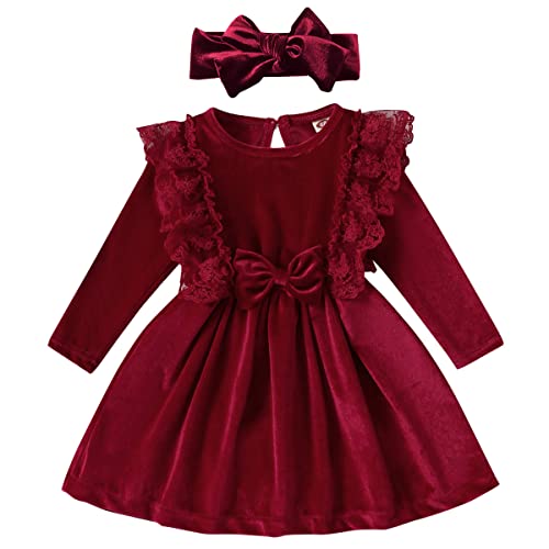 Baby Samtkleid Kleinkinder Mädchen Vintage Spitze A-Linie Prinzessin Abendkleid Weihnachtskleid Weihnachten Partykleid Festlich Festkleid mit Stirnband Set Hochzeit Herbst Winter Weinrot 12-18M von FYMNSI