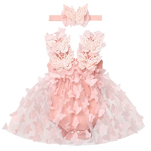 Baby Schmetterling Kleid 1 Geburtstag Mädchen Outfit Taufkleid Prinzessin Tüllrock mit Stirnband Ärmellos Bodykleid Kleinkinder Partykleid Festkleid Bekleidung Neugeborene Fotoshooting Hellrosa 0-6M von FYMNSI