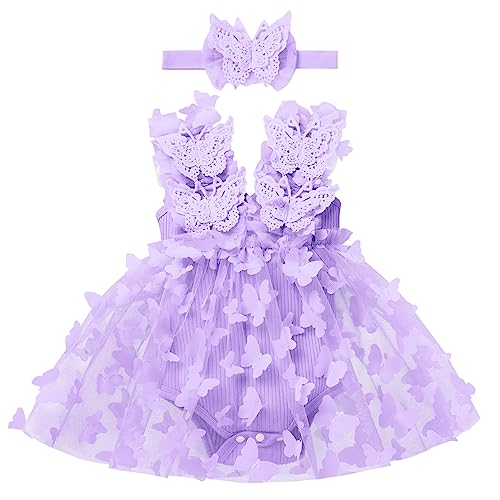 Baby Schmetterling Kleid 1 Geburtstag Mädchen Outfit Taufkleid Prinzessin Tüllrock mit Stirnband Ärmellos Bodykleid Partykleider Festkleid Bekleidungssets Neugeborene Fotoshooting Violett 12-18M von FYMNSI