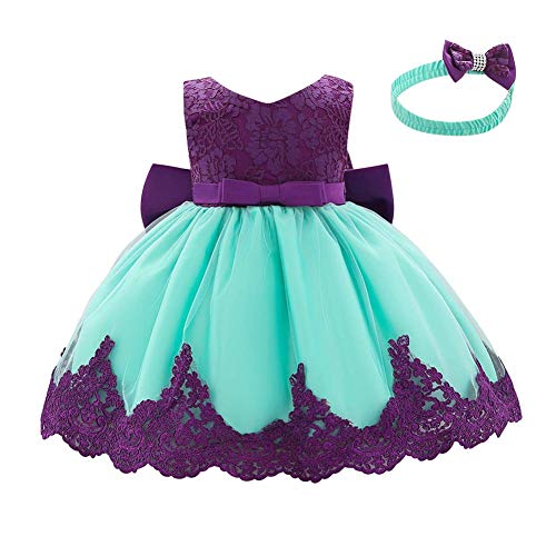 Baby Taufkleid Kinder Mädchen Geburtstag Partykleid Blumenmädchen Kleid Bowknot Spitze Ärmellos Abendkleid Prinzessin Brautjungfer Formal Festkleid mit Stirnband Set Lila + Wasser Blau 9-12M von FYMNSI