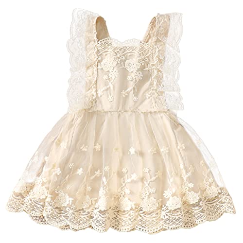 Baby Taufkleid Mädchen Spitzenkleid Boho Neugeborenes Fotoshooting Kostüme Rüschen Ärmellos Prinzessin Tütü Tüllkleid 1. Geburtstag Outfit Taufe Sommer Festkleid Geburtstagskleid Aprikose 0-6 Monate von FYMNSI