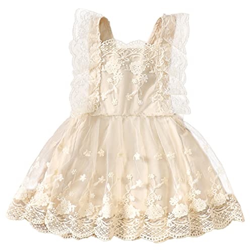 Baby Taufkleid Mädchen Spitzenkleid Boho Neugeborenes Fotoshooting Kostüme Rüschen Ärmellos Prinzessin Tütü Tüllkleid 1. Geburtstag Outfit Taufe Sommer Festkleid Geburtstagskleid Aprikose 18-24 Monate von FYMNSI