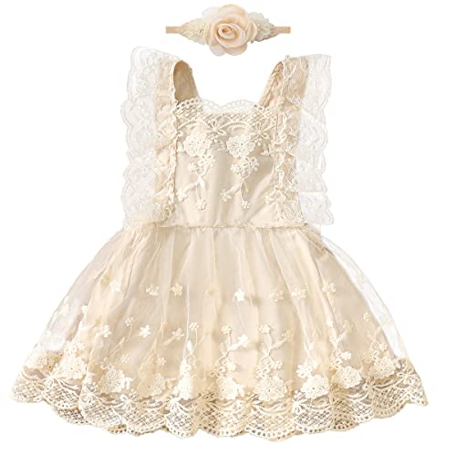 Baby Taufkleid Mädchen Spitzenkleid Boho Neugeborenes Fotoshooting Kostüme Rüschen Ärmellos Prinzessin Tütü Tüllkleid mit Blumen Stirnband 1. Geburtstag Outfit Taufe Sommerkleid Aprikose 0-6 Monate von FYMNSI