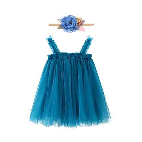 Babykleid Mädchen Ärmellose Tüllkleid Sommerkleid mit Blumen Stirnband Kleinkinder Lässige Tütü Prinzessin Trägerkleider Geburtstag Partykleid Hochzeit Babykleidung Fotoshooting Set Blau 9-12 Monate von FYMNSI