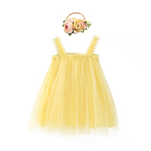 Babykleid Mädchen Ärmellose Tüllkleid Sommerkleid mit Blumen Stirnband Kleinkinder Lässige Tütü Prinzessin Trägerkleider Geburtstag Partykleid Hochzeit Babykleidung Fotoshooting Set Gelb 12-18 Monate von FYMNSI