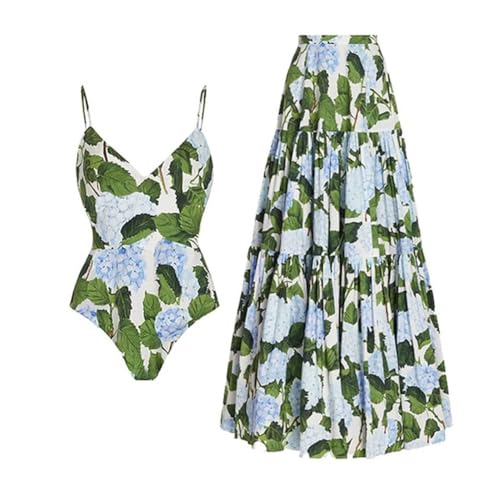 Badeanzug Damen Bauchweg mit Rock Zweiteiliger Bademode Vintage Blumen V-Ausschnitt Push Up Gepolstert Monokini Einteiler Badeanzugkleid Badekleid Schwimmrock Schwimmkleid Baderock Gr?n Hortensie M von FYMNSI