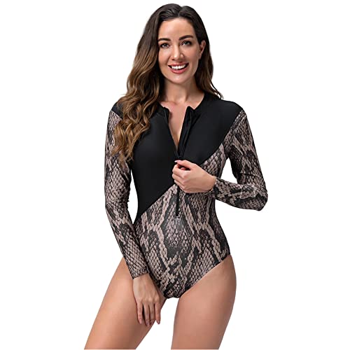 Badeanzug Damen Langarm Badeanz?ge Einteiliger Badeanzug F?r Damen Einteilige Bademode One Piece Swimsuit Monokini Strandmode Sommer Rashguard Rei?verschluss Surfanzug Tauchanzug Schlangenhaut M von FYMNSI