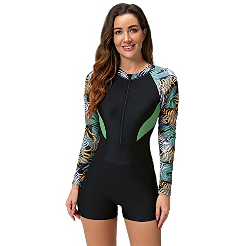 Badeanzug mit Bein Damen Langarm Schwimmanzug mit Shorts Rei?verschluss Einteiler Bauchweg Bademode Sportlich Badebekleidung Surfanzug Strandmode Neopren Shorty Neoprenanzug Swimsuits Bl?tter L von FYMNSI