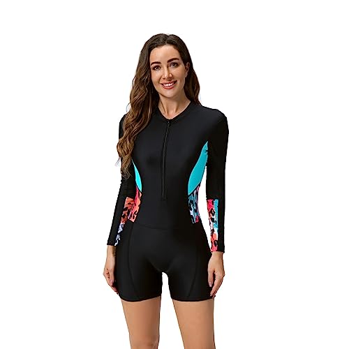 Badeanzug mit Bein Damen Langarm Schwimmanzug mit Shorts Rei?verschluss Einteiler Bauchweg Bademode Sportlich Badebekleidung Surfanzug Strandmode Neopren Shorty Neoprenanzug Swimsuits Schwarz XL von FYMNSI