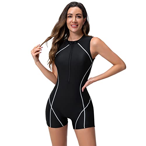 Badeanzug mit Bein Damen Schwimmanzug mit Shorts Rei?verschluss Einteiler Bauchweg Bademode Sportlich Badebekleidung Surfanzug Strandmode Neopren Shorty Neoprenanzug Swimsuits Schwarz ?rmellos L von FYMNSI