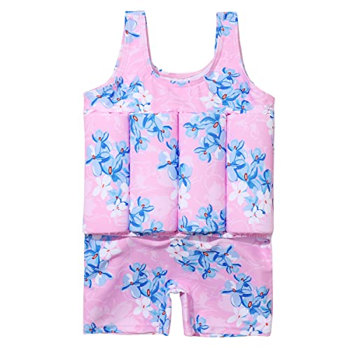 Badeanzug mit Schwimmhilfe Mädchen Float Suit Kinder Bojenanzug Schwimmanzug Verstellbarem Auftrieb Schwimmend Bademode Bojenbadeanzug Schwimmen Jacke Einteiler Badebekleidung Rosa + Blau Blumen 2-3J von FYMNSI