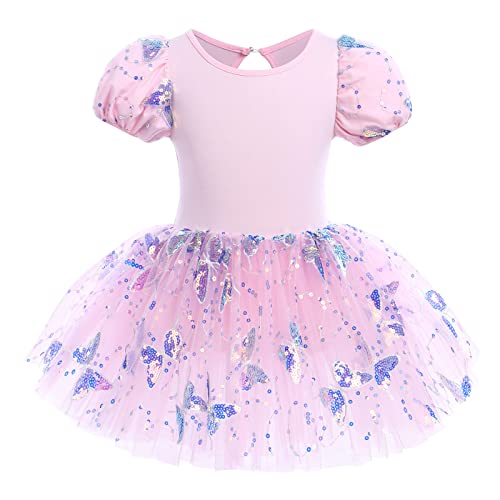 Ballettkleidung Mädchen Kinder Turnanzug Gymnastikanzug Tanzkleid Ballettanzug Pailletten Schmetterling Ballerina Kostüm Kleid Turnbody Tütü Rock Ballett Trikot Ballettbody Tanzoutfit Rosa 3-4 Jahre von FYMNSI