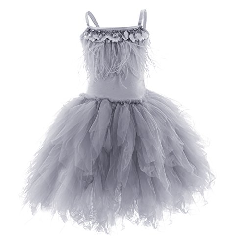 Blumenmächen Kleid Baby Mädchen Kinder Abendkleid Prinzessin Tütü Tüllkleid Feder Trägerkleid Geburtstag Partykleid Hochzeit Brautjungfer Festliches Festkleid Ballkleid Tanz Ballettkleid Grau 4-5J von FYMNSI