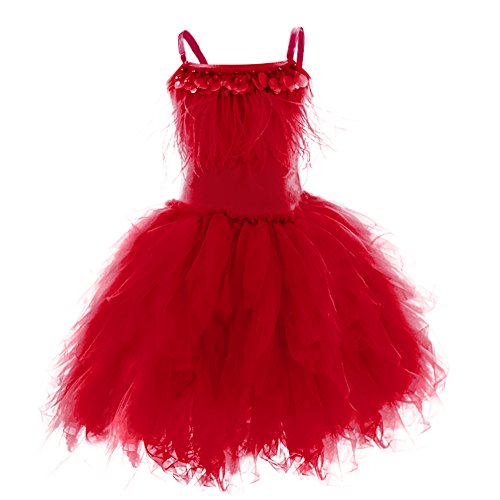 Blumenmächen Kleid Baby Mädchen Kinder Abendkleid Prinzessin Tütü Tüllkleid Feder Trägerkleid Geburtstag Partykleid Hochzeit Brautjungfer Festliches Festkleid Ballkleid Tanz Ballettkleid Rot 6-7 Jahre von FYMNSI