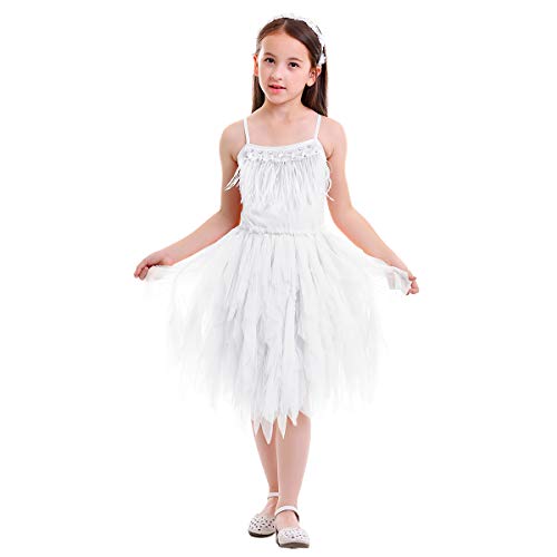 Blumenmächen Kleid Baby Mädchen Kinder Abendkleid Prinzessin Tütü Tüllkleid Feder Trägerkleid Geburtstag Partykleid Hochzeit Brautjungfer Festliches Festkleid Ballkleid Tanz Ballettkleid Weiß 5-6J von FYMNSI