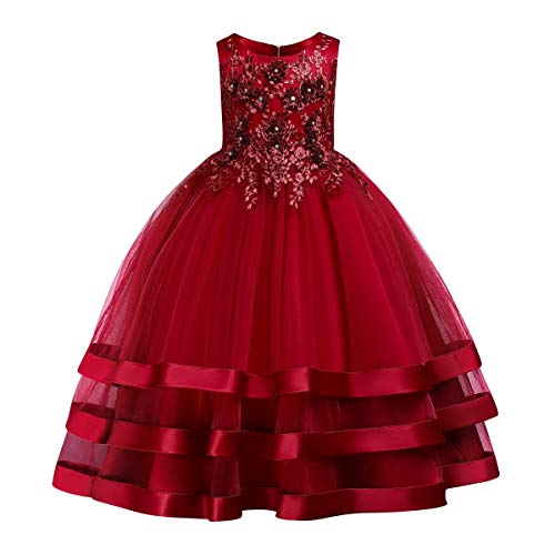 Blumenmädchen Kleid Kinder Langes Abendkleid Tüll Tütü Prinzessin Partykleid Ärmellos Maxikleid Geburtstag Hochzeit Brautjungfer Prinzessinenkleid Teenager Festliche Festkleid Weinrot 15-16 Jahre von FYMNSI