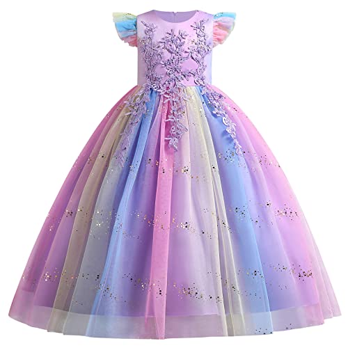 Blumenmädchen Kleid Kinder Mädchen Kommunion Langes Abendkleid Prinzessin Tüll Maxikleid Hochzeit Brautjungfer Abschlussball Ballkleid Festzug Geburtstag Partykleid Festkleid Bunt Violett 6-7 Jahre von FYMNSI