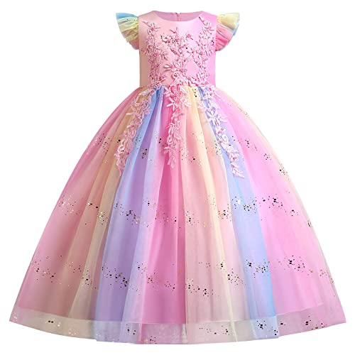 Blumenmädchen Kleid Kinder Mädchen Kommunionkleid Langes Abendkleid Prinzessin Tüll Maxikleid Hochzeit Brautjungfer Abschlussball Ballkleid Festzug Geburtstag Partykleid Festkleid Bunt Rosa 5-6 Jahre von FYMNSI