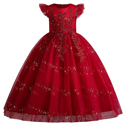 Blumenmädchen Kleid Kinder Mädchen Kommunionkleid Langes Abendkleid Prinzessin Tüll Maxikleid Hochzeit Brautjungfer Abschlussball Ballkleid Festzug Geburtstag Partykleid Festkleid Rot 7-8 Jahre von FYMNSI