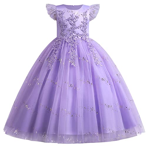 Blumenmädchen Kleid Kinder Mädchen Kommunionkleid Langes Abendkleid Prinzessin Tüll Maxikleid Hochzeit Brautjungfer Abschlussball Ballkleid Festzug Geburtstag Partykleid Festkleid Violett 6-7 Jahre von FYMNSI