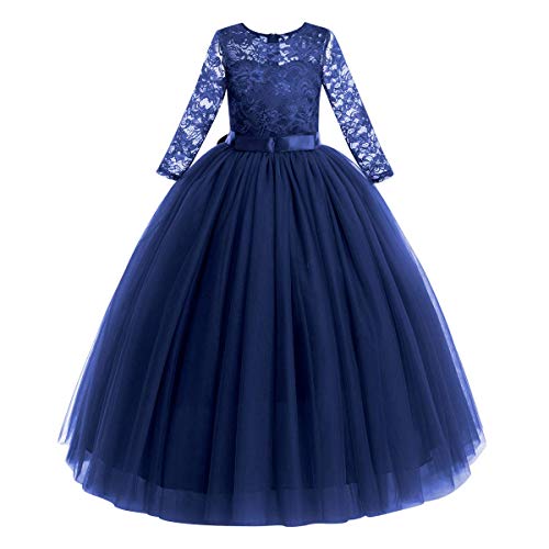 Blumenmädchen Kleid Kinder Mädchen Lang Abendkleid Festlich Hochzeit Brautjungfern Partykleid Tütü Tüll Prinzessin Spitzenkleid 3/4 Arm Festzug Cocktail Erstkommunion Ballkleid Marineblau 11-12 Jahre von FYMNSI