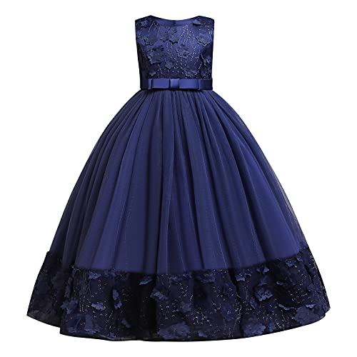 Blumenmädchen Kleid Kinder Mädchen Langes Abendkleid A-Linie Tüllkleid Hochzeit Brautjungfer Prinzessin Maxikleid Ärmellos Festliches Festkleid Formal Jugendliche Ballkleid Marineblau 5-6 Jahre von FYMNSI