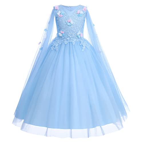 Blumenmädchen Kleid Kinder Mädchen Langes Abendkleid Blumenstickerei Ärmellos Prinzessin Geburtstag Partykleid Festliches Festkleid Hochzeit Brautjungfer Maxikleid Kommunionskleid Himmelblau 11-12J von FYMNSI