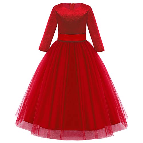 Blumenmädchen Kleid Kinder Mädchen Langes Abendkleid Festlich Hochzeit Brautjungfern Partykleid Tütü Tüll Prinzessin 3/4 Arm Samt Kleider Cocktail Weihnachtskleid Geburtstag Ballkleid Rot 9-10 Jahre von FYMNSI