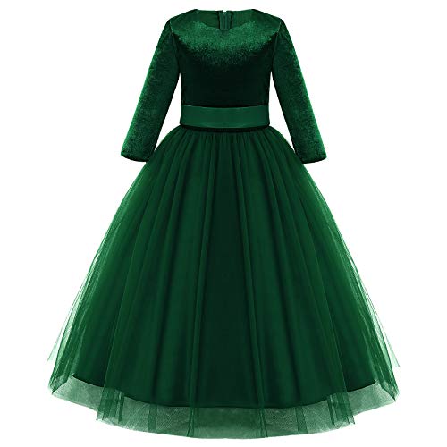 Blumenmädchen Kleid Kinder Mädchen Langes Abendkleid Festlich Hochzeit Brautjungfern Partykleid Tütü Tüll Prinzessin 3/4 Arm Samt Kleider Weihnachtskleid Geburtstag Ballkleid Dunkelgrün 11-12 Jahre von FYMNSI