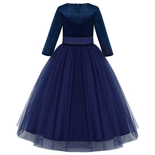 Blumenmädchen Kleid Kinder Mädchen Langes Abendkleid Festlich Hochzeit Brautjungfern Partykleid Tütü Tüll Prinzessin 3/4 Arm Samt Kleider Weihnachtskleid Geburtstag Ballkleid Marineblau 9-10 Jahre von FYMNSI