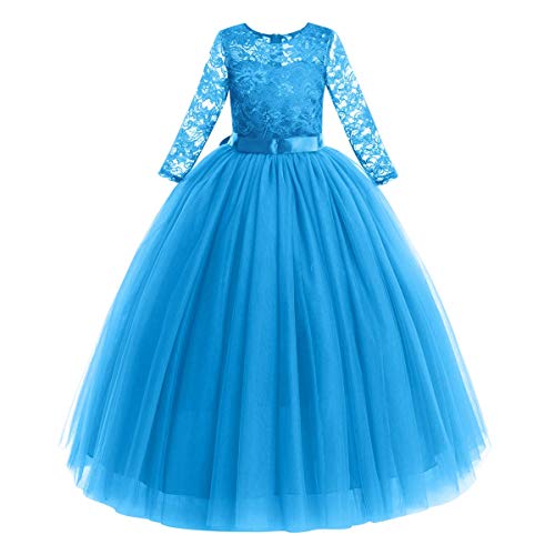 Blumenmädchen Kleid Kinder Mädchen Langes Abendkleid Festlich Hochzeit Brautjungfern Partykleid Tütü Tüll Prinzessin Spitzenkleid 3/4 Arm Festzug Cocktail Erstkommunion Ballkleid Blau 11-12 Jahre von FYMNSI