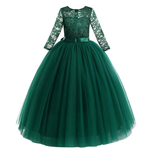 Blumenmädchen Kleid Kinder Mädchen Langes Abendkleid Festlich Hochzeit Brautjungfern Partykleid Tütü Tüll Prinzessin Spitzenkleid 3/4 Arm Festzug Cocktail Erstkommunion Ballkleid Grün 13-14 Jahre von FYMNSI