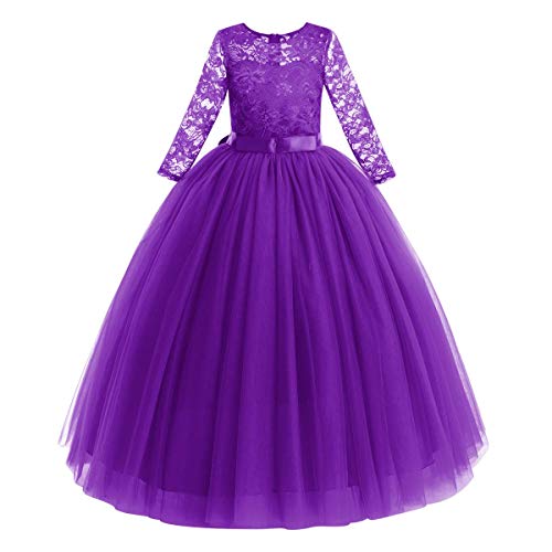 Blumenmädchen Kleid Kinder Mädchen Langes Abendkleid Festlich Hochzeit Brautjungfern Partykleid Tütü Tüll Prinzessin Spitzenkleid 3/4 Arm Festzug Cocktail Erstkommunion Ballkleid Lila 5-6 Jahre von FYMNSI