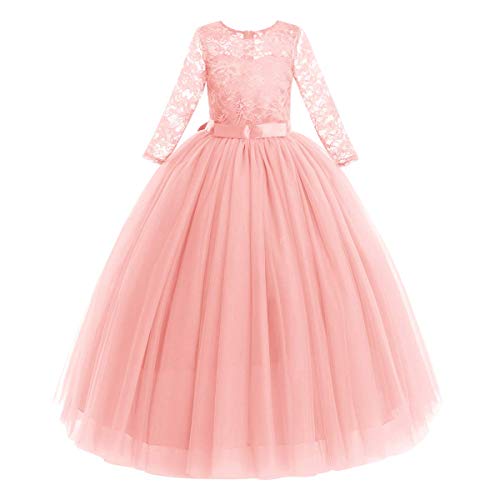 Blumenmädchen Kleid Kinder Mädchen Langes Abendkleid Festlich Hochzeit Brautjungfern Partykleid Tütü Tüll Prinzessin Spitzenkleid 3/4 Arm Festzug Cocktail Erstkommunion Ballkleid Rosa 13-14 Jahre von FYMNSI