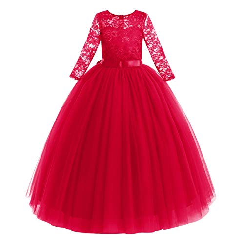 Blumenmädchen Kleid Kinder Mädchen Langes Abendkleid Festlich Hochzeit Brautjungfern Partykleid Tütü Tüll Prinzessin Spitzenkleid 3/4 Arm Festzug Cocktail Erstkommunion Ballkleid Rot 9-10 Jahre von FYMNSI