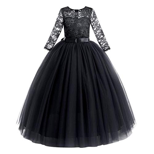 Blumenmädchen Kleid Kinder Mädchen Langes Abendkleid Festlich Hochzeit Brautjungfern Partykleid Tütü Tüll Prinzessin Spitzenkleid 3/4 Arm Festzug Cocktail Erstkommunion Ballkleid Schwarz 11-12 Jahre von FYMNSI