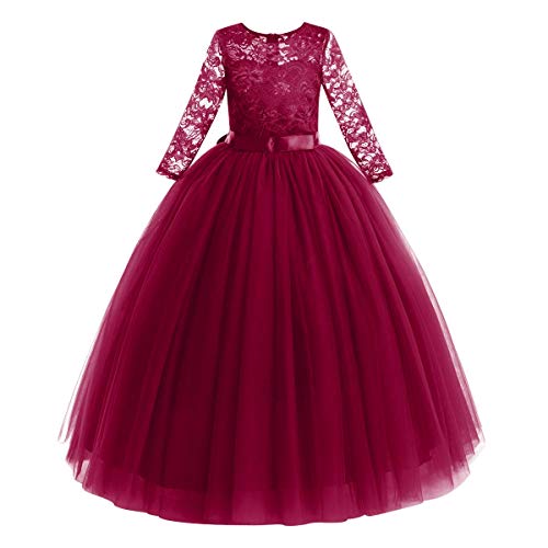 Blumenmädchen Kleid Kinder Mädchen Langes Abendkleid Festlich Hochzeit Brautjungfern Partykleid Tütü Tüll Prinzessin Spitzenkleid 3/4 Arm Festzug Cocktail Erstkommunion Ballkleid Weinrot 9-10 Jahre von FYMNSI