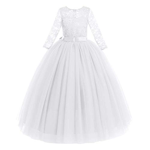 Blumenmädchen Kleid Kinder Mädchen Langes Abendkleid Festlich Hochzeit Brautjungfern Partykleid Tütü Tüll Prinzessin Spitzenkleid 3/4 Arm Festzug Cocktail Erstkommunion Ballkleid Weiß 7-8 Jahre von FYMNSI