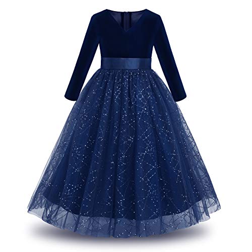 Blumenmädchen Kleid Kinder Mädchen Langes Abendkleid Hochzeit Brautjungfern Partykleid V-Ausschnitt Pailletten Tüll Prinzessin Langarm Samtkleid Cocktail Geburtstag Ballkleid Marineblau 6-7 Jahre von FYMNSI