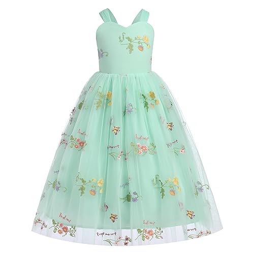 Blumenmädchen Kleid Kinder Mädchen Langes Abendkleider Hochzeit Brautjungfern Blumen Stickerei Ärmellos Festkleid Geburtstag Partykleid Tüllkleid Prinzessin Kommunion Ballkleid Grün 11-12 Jahre von FYMNSI