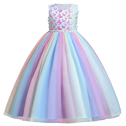 Blumenmädchen Kleid Kinder Mädchen Langes Abendkleider Schmetterling Ärmellos Festlich Hochzeit Brautjungfern Geburtstag Partykleid Regenbogen Tüll Prinzessin Kommunion Ballkleid Blau Bunt 13-14 Jahre von FYMNSI