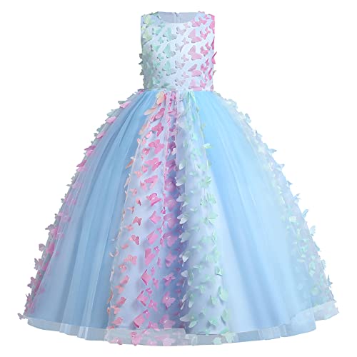 Blumenmädchen Kleid Kinder Mädchen Langes Abendkleider Schmetterling Ärmellos Festlich Hochzeit Brautjungfern Geburtstag Partykleid Tütü Tüllkleid Prinzessin Kommunion Ballkleid Hellblau 4-5 Jahre von FYMNSI