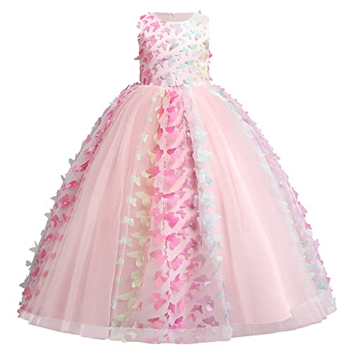 Blumenmädchen Kleid Kinder Mädchen Langes Abendkleider Schmetterling Ärmellos Festlich Hochzeit Brautjungfern Geburtstag Partykleid Tütü Tüllkleid Prinzessin Kommunion Ballkleid Hellrosa 5-6 Jahre von FYMNSI