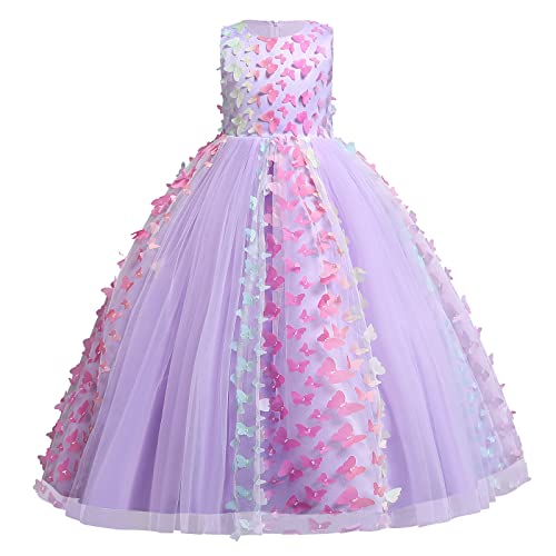 Blumenmädchen Kleid Kinder Mädchen Langes Abendkleider Schmetterling Ärmellos Festlich Hochzeit Brautjungfern Geburtstag Partykleid Tütü Tüllkleid Prinzessin Kommunion Ballkleid Lila 9-10 Jahre von FYMNSI