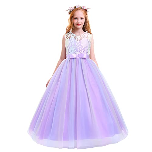 Blumenmädchen Kleid Kinder Prinzessin Lang Abendkleid Mädchen Ärmellos Spitze Regenbogen Tüllkleid Geburtstagskleid Formal Partykleid Festkleid Ballkleid Hochzeit Brautjungfer Maxikleid Violett 5-6J von FYMNSI