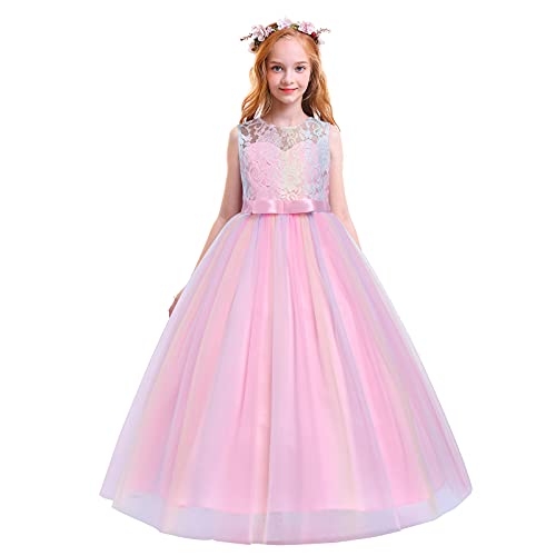 Blumenmädchen Kleid Kinder Prinzessin Langes Abendkleid Mädchen Ärmellos Spitze Regenbogen Tüllkleid Geburtstagskleid Formal Partykleid Festkleid Ballkleid Hochzeit Brautjungfer Maxikleid Rosa 7-8J von FYMNSI